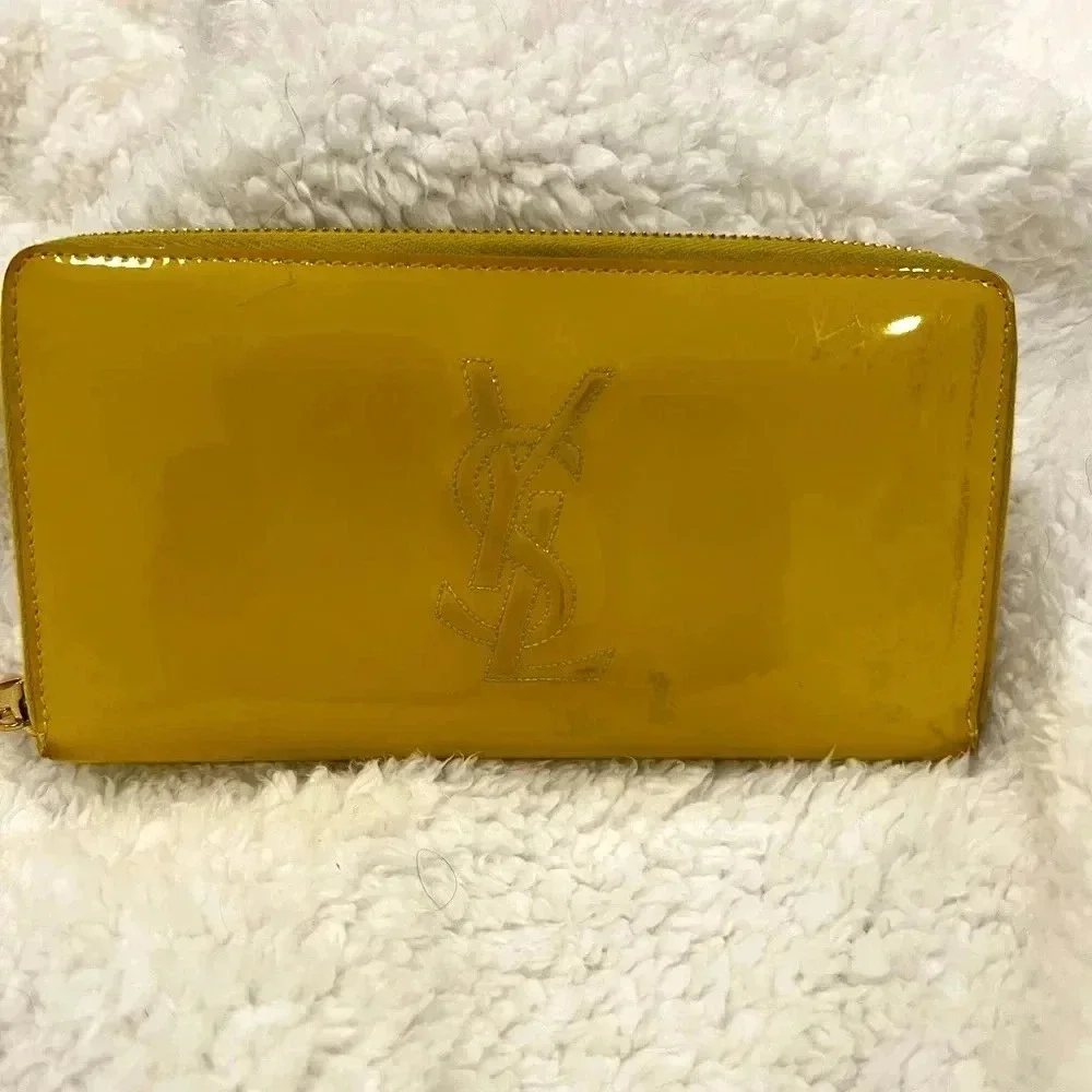 AS-IS Yves Saint Laurent Cassandra Patent Leather Zip Around Long Wallet USED - Picture 1 of 7